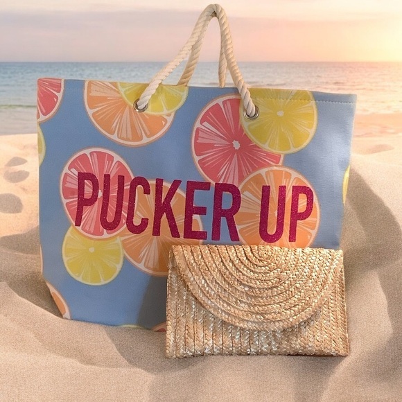 Handbags - Pucker Up Canvas Beach Tote Bag and a Woven Envelope Clutch